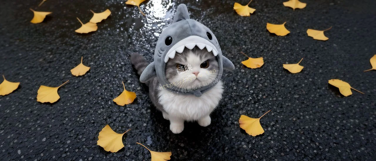 鲨鱼头套萌猫落叶