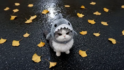鲨鱼头套萌猫落叶