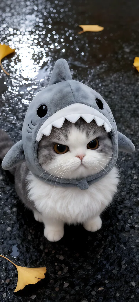 鲨鱼头套萌猫落叶