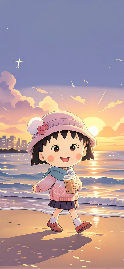 黄昏海边樱桃小丸子